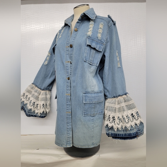 Rock Tour Jean Jacket with Lace Gypsy Bell Sleeves Upcycled Retro Rock Merc - Picture 7 of 14